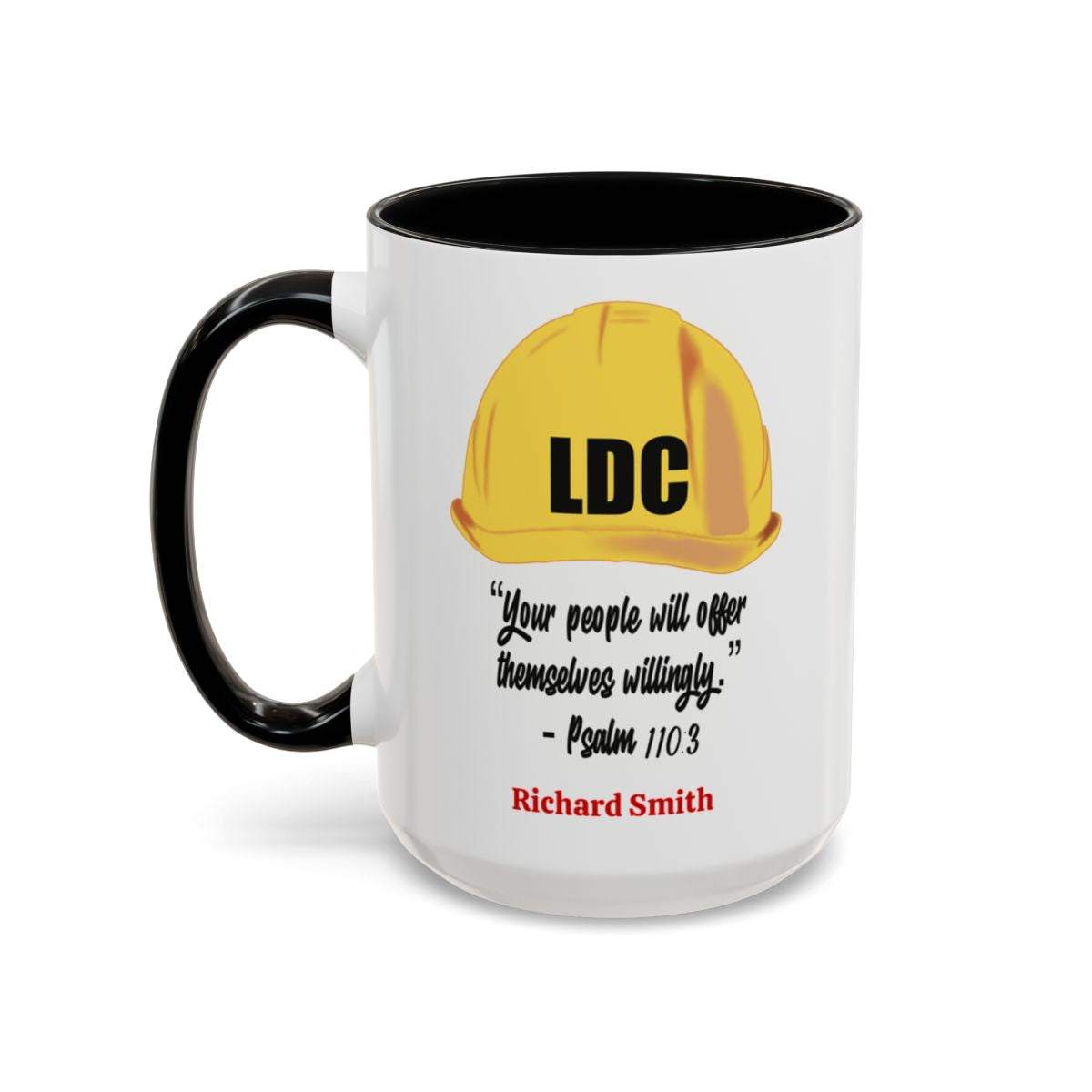 11oz and 15oz ceramic coffee cup featuring LDC logo, customizable with name and quote, glossy finish, ergonomic handle.