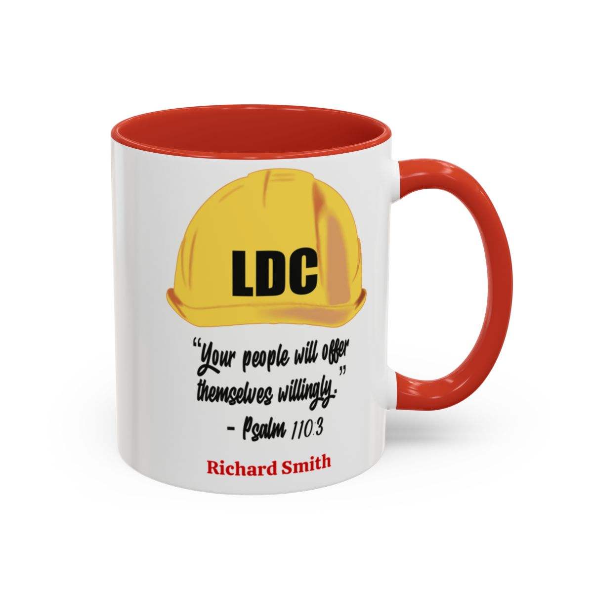 Personalized ceramic coffee cup featuring LDC, 11oz or 15oz, with colored handle and interior.