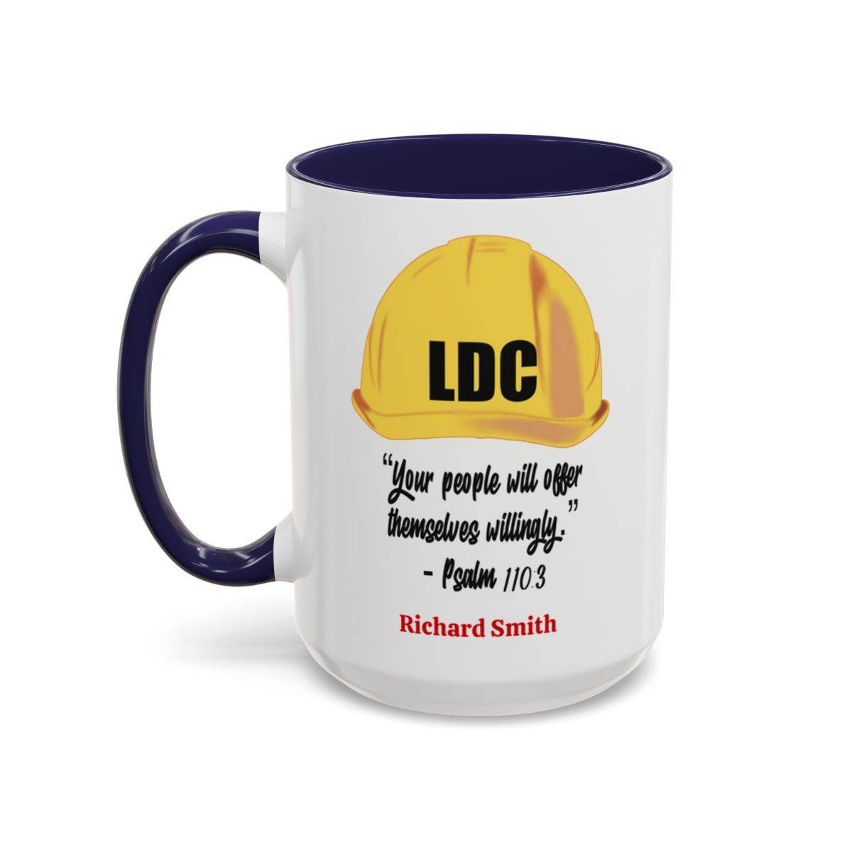 Ceramic coffee cup featuring LDC design with customizable name, glossy finish, contrasting interior and handle, available in 11oz and 15oz sizes.