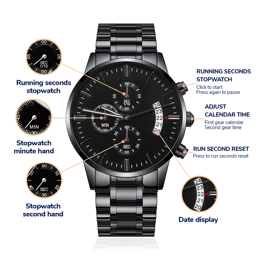 Man's engraved black chronograph watch with customizable message, featuring stainless steel and copper dial, stopwatch functions, and date display.