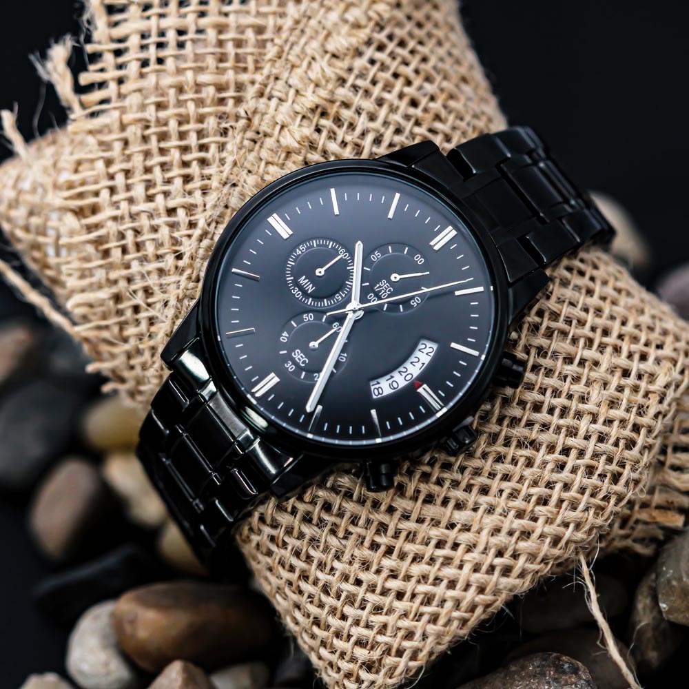 Men's Black Chronograph Watch with Engraving Option on Burlap Pillow