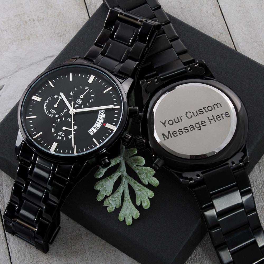 Men's engraved black chronograph watch with customizable message on back, featuring stainless steel and copper dial.