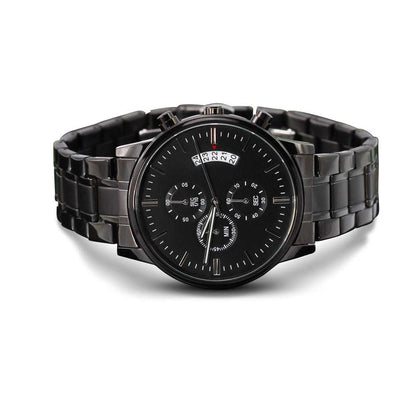 Man's Engraved Black Chronograph Watch with Stainless Steel Band and Copper Dial