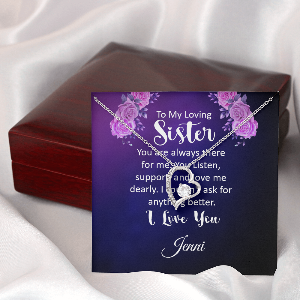 Forever Love Necklace for Sister with personalized message card and heart-shaped pendant on a jewelry box.