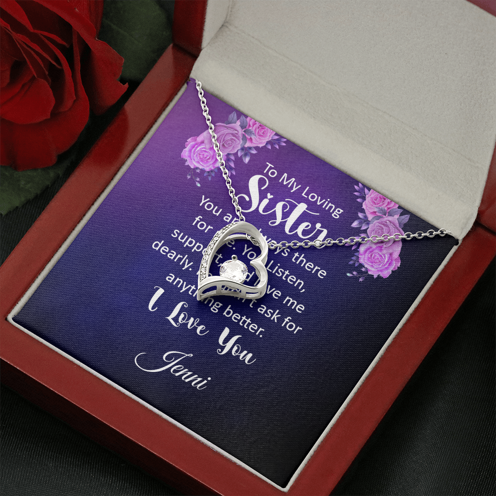 Forever Love Necklace with personalized message card for sister, featuring a heart pendant with CZ crystal in a gift box.