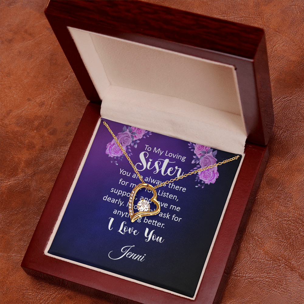 Forever Love necklace for sister with personalized message card in luxury box.