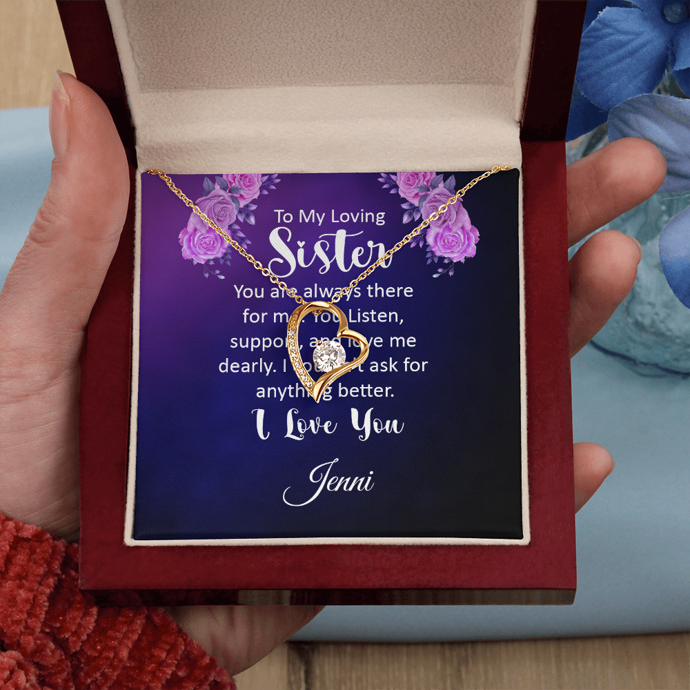 Gold heart pendant necklace with cubic zirconia, in a gift box with a personalized message for sister.