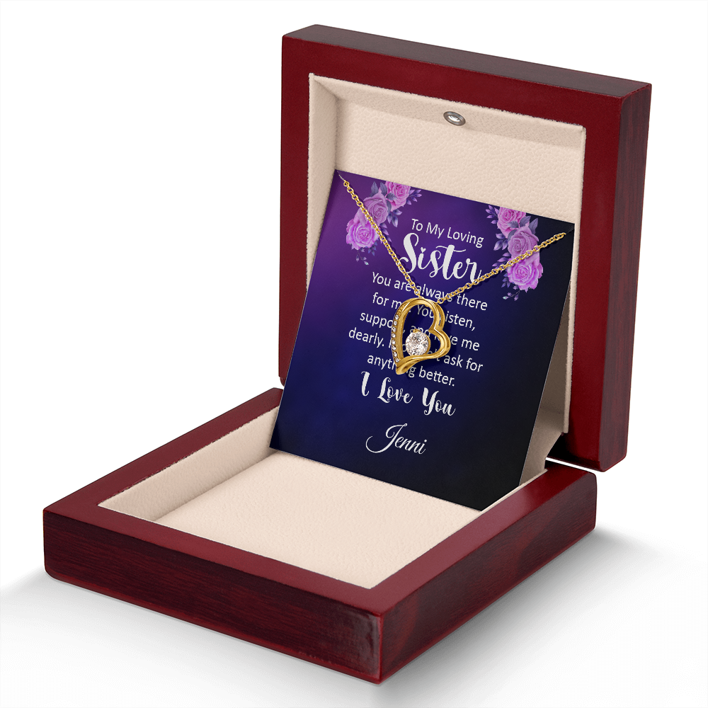 Necklace with personalized message card, polished heart pendant, cubic zirconia stone, in a luxury box.