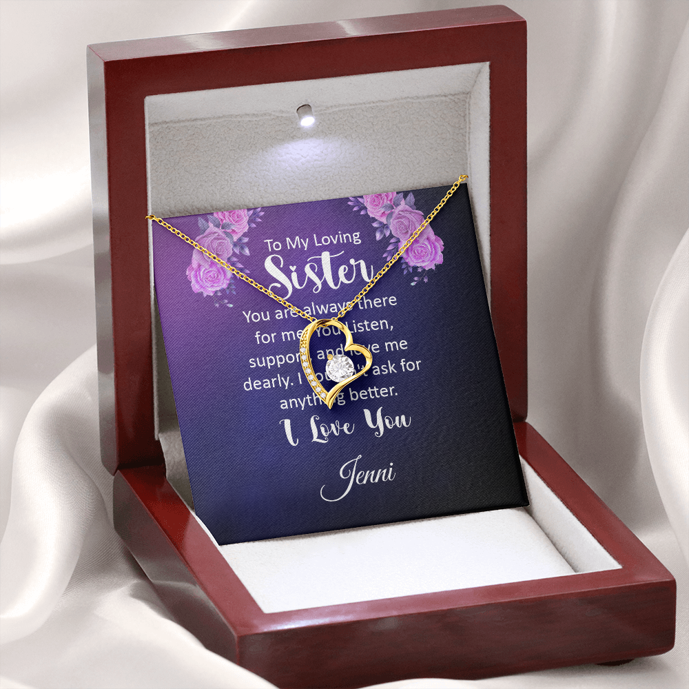 Gold Forever Love Necklace with a heart pendant and message card for sister in a luxury box.