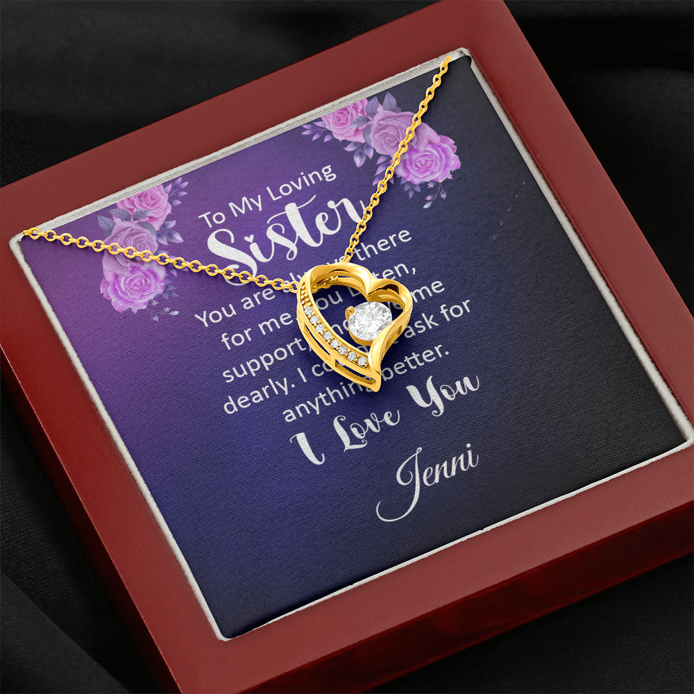 Necklace with heart pendant and cubic zirconia, personalized message card for sister, gold finish.