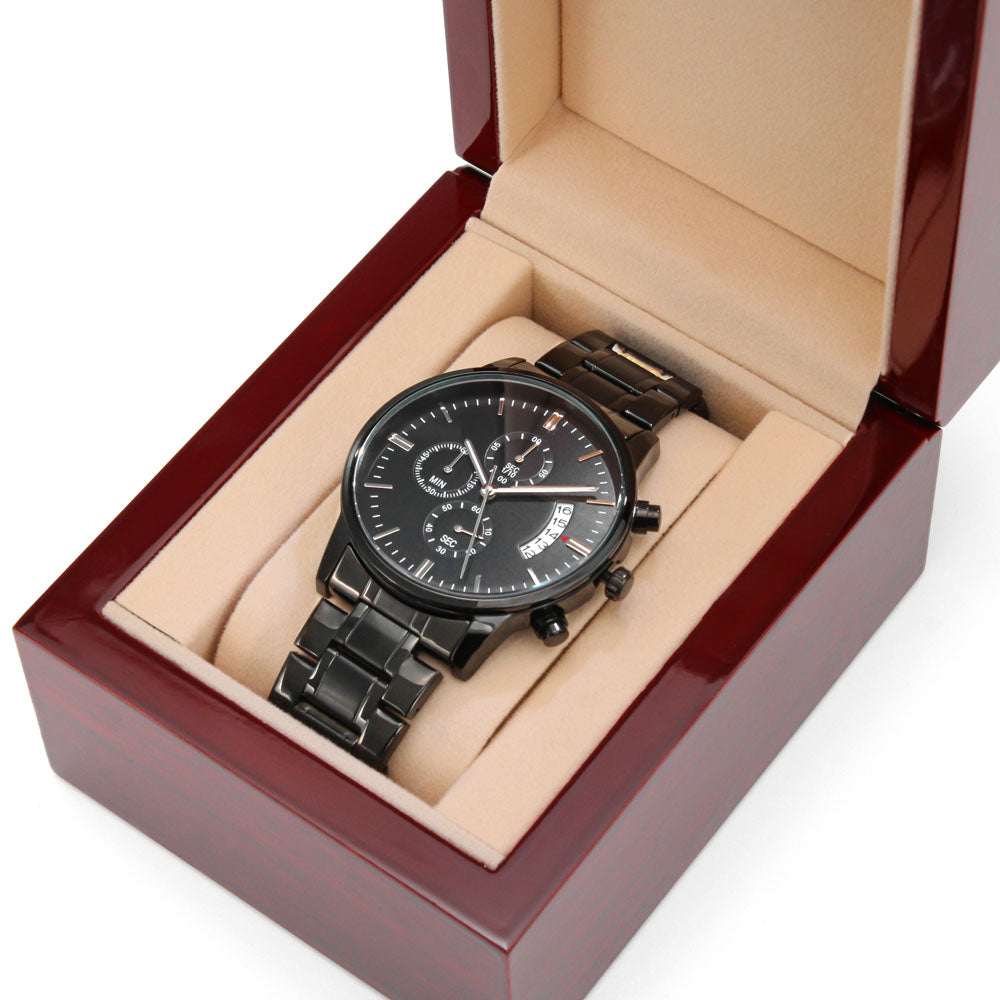 Man's engraved black chronograph watch in gift box, personalized stainless steel design with copper dial.