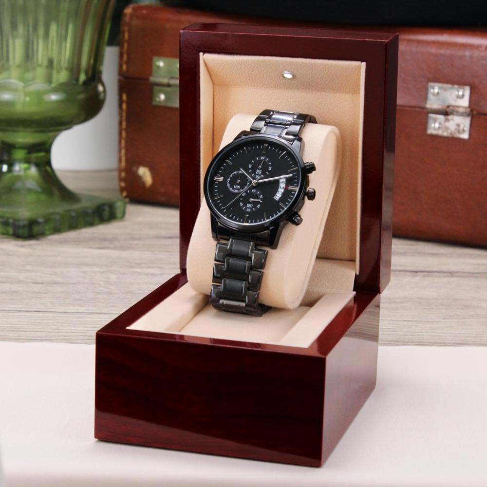 Engraved black chronograph men's watch in gift box.