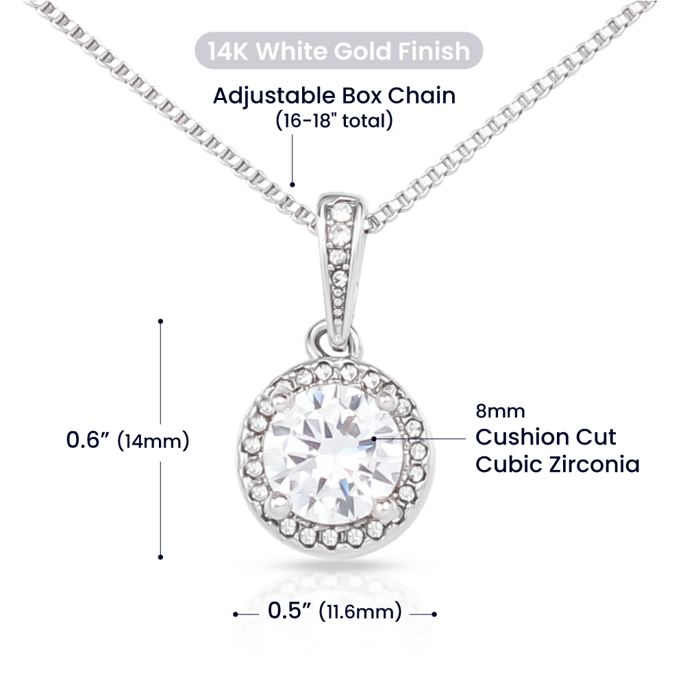 Eternal Hope Necklace in 14K white gold finish with cushion-cut cubic zirconia, adjustable chain dimensions displayed.