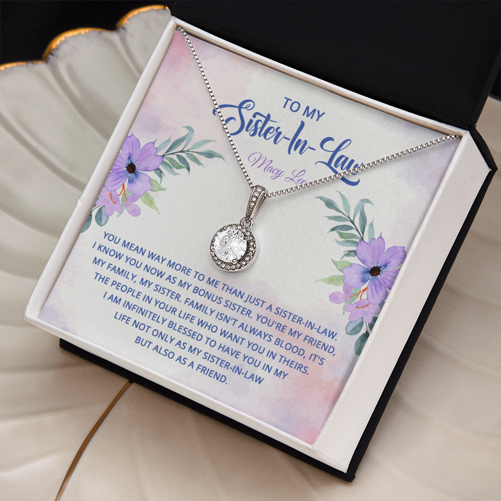 Elegant "Eternal Hope" necklace on a message card for sister-in-law, featuring a cushion-cut cubic zirconia pendant with accent crystals in a gift box.