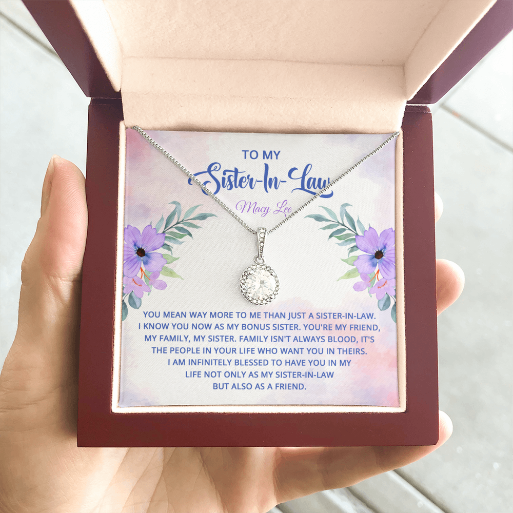 Necklace with message card for sister-in-law featuring a sparkling cubic zirconia pendant in a gift box.