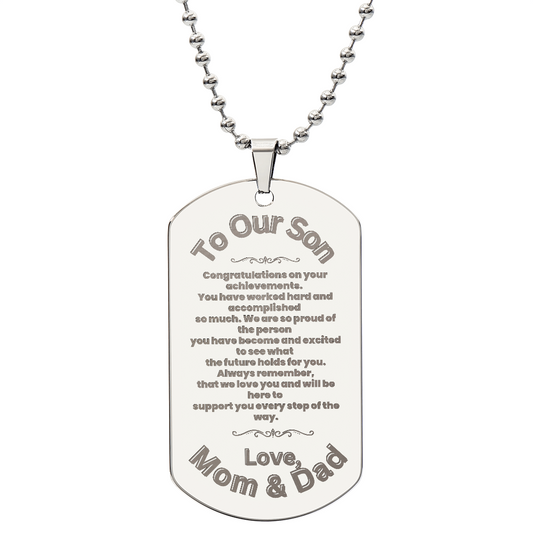 Engraved dog tag necklace for son with personalized message, polished stainless steel, 24" military-style chain, includes gift box.