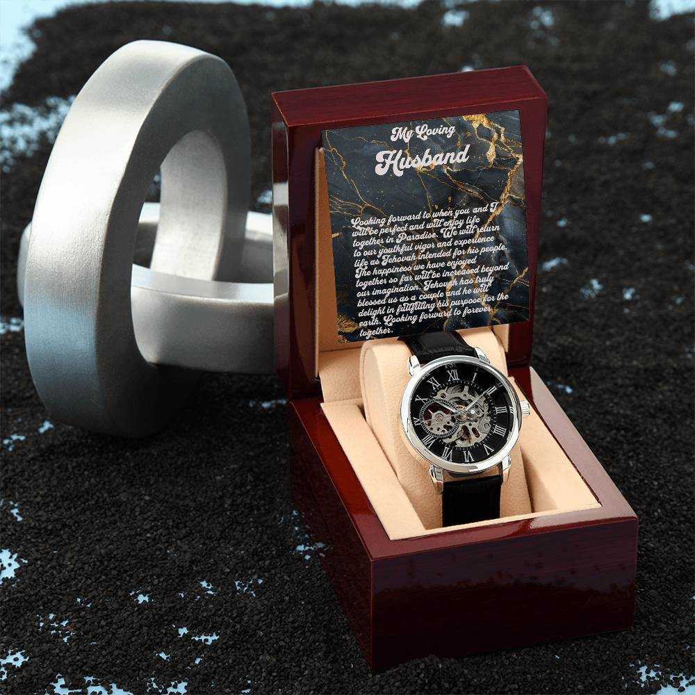 Men's skeleton dial watch with genuine leather strap in mahogany-style gift box.