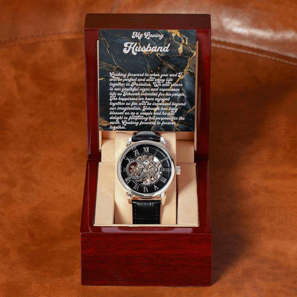 Men's Open Works Watch with leather strap in mahogany box, automatic movement, skeleton dial, and mineral glass.