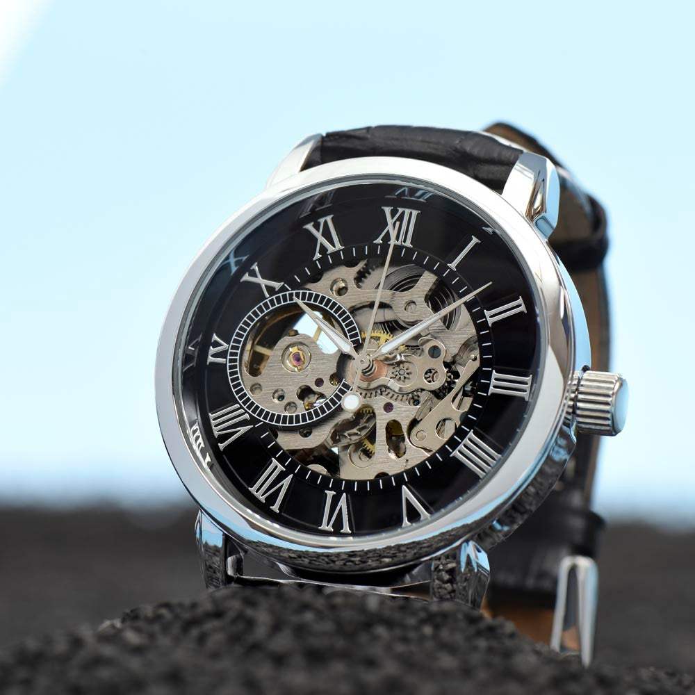 Men's Open Works Watch with skeleton dial, black leather strap, and automatic movement.