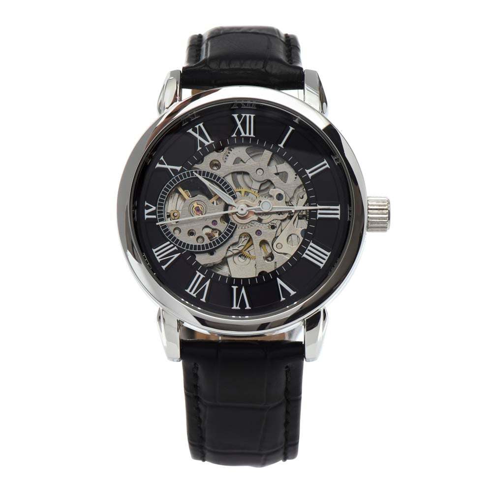 Men's skeleton dial watch with genuine black leather strap, automatic movement, and durable mineral glass.