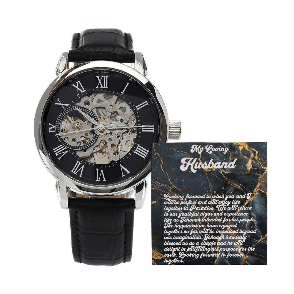 Men's Open Works watch with skeleton dial, black leather strap, mahogany-style gift box, theocratic card included.