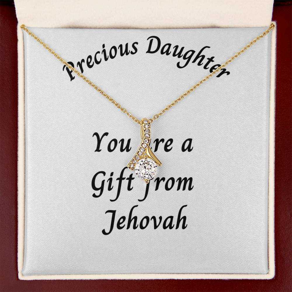 Gift necklace with "Precious Daughter a Gift from Jehovah" message, ribbon-shaped pendant, 14k white gold or 18k yellow gold finish, cubic zirconia, in luxury box.