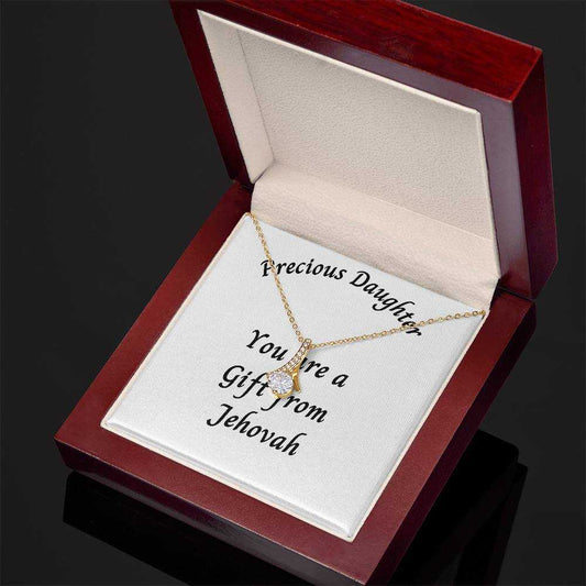 Necklace with ribbon-shaped pendant in luxury box featuring "Precious Daughter a Gift from Jehovah" inscription.