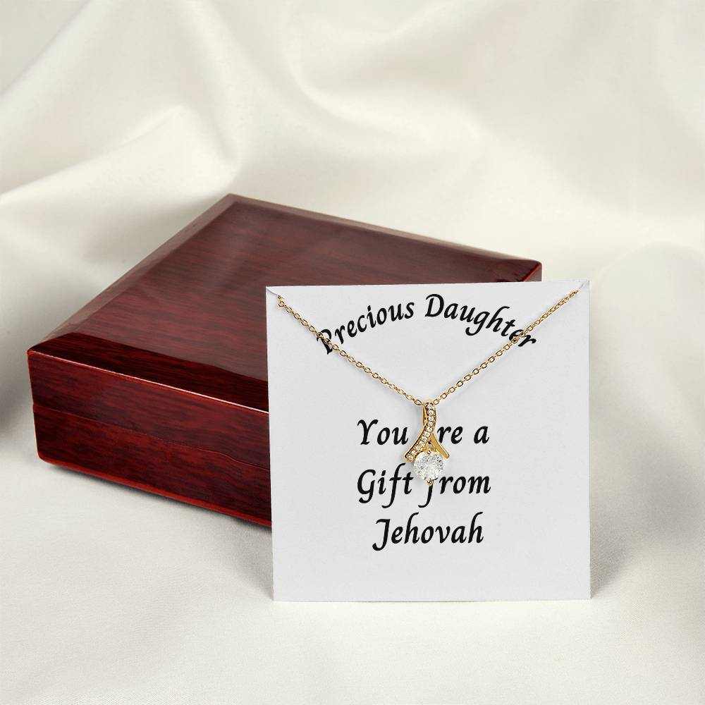 Gold finish necklace with "Precious Daughter a Gift from Jehovah" pendant, presented in a luxury mahogany box with LED spotlight.