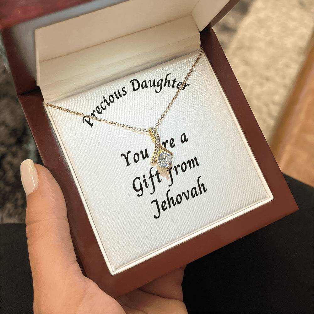 Gold finish necklace with "Precious Daughter a Gift from Jehovah" inscription in luxury box.