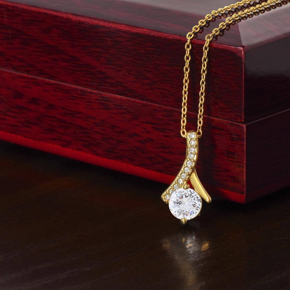 Yellow gold finish necklace with cubic zirconia pendant, "Precious Daughter a Gift from Jehovah", in luxury mahogany box.