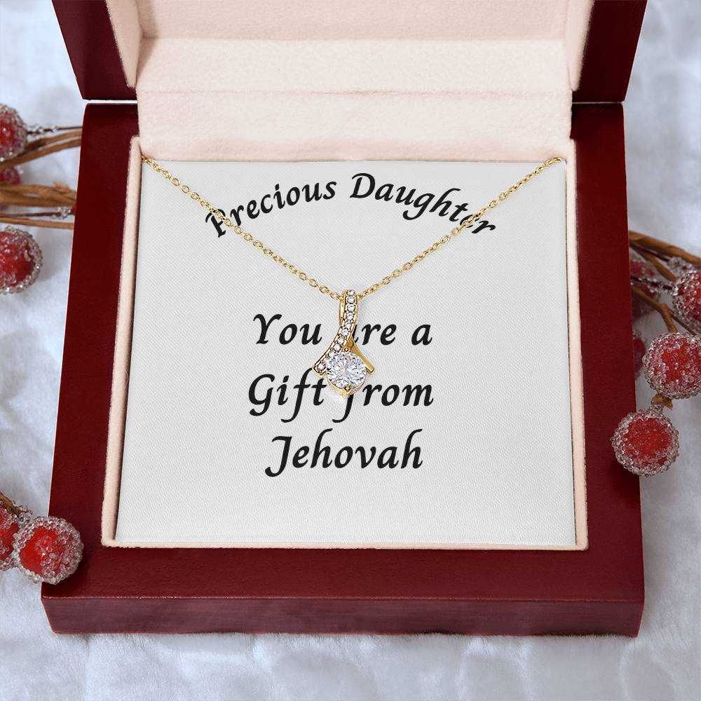 White or yellow gold necklace with 'Precious Daughter a Gift from Jehovah' message, featuring cubic zirconia pendant in luxury box.