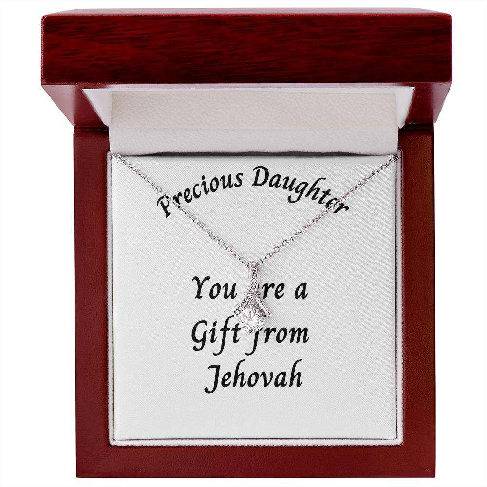 Necklace with "Precious Daughter a Gift from Jehovah" inscription in luxury box.