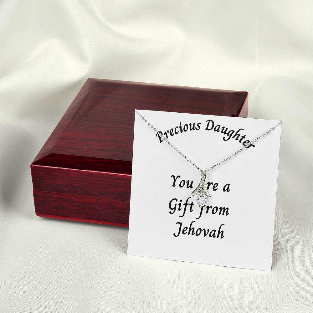 Necklace "Precious Daughter a Gift from Jehovah" with white or yellow gold finish, featuring a ribbon-shaped pendant with cubic zirconia, in a luxury mahogany box with LED spotlight.