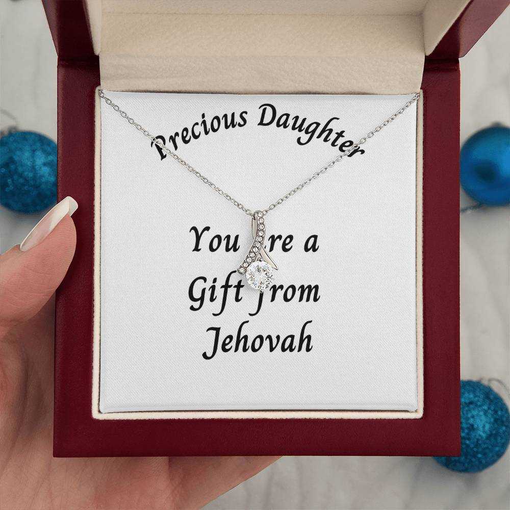 Necklace with "Precious Daughter a Gift from Jehovah" message, white gold finish, displayed in a mahogany luxury box.