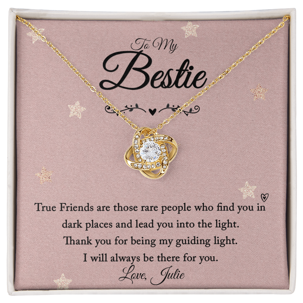 Necklace with love knot pendant and personalized message card for best friend.