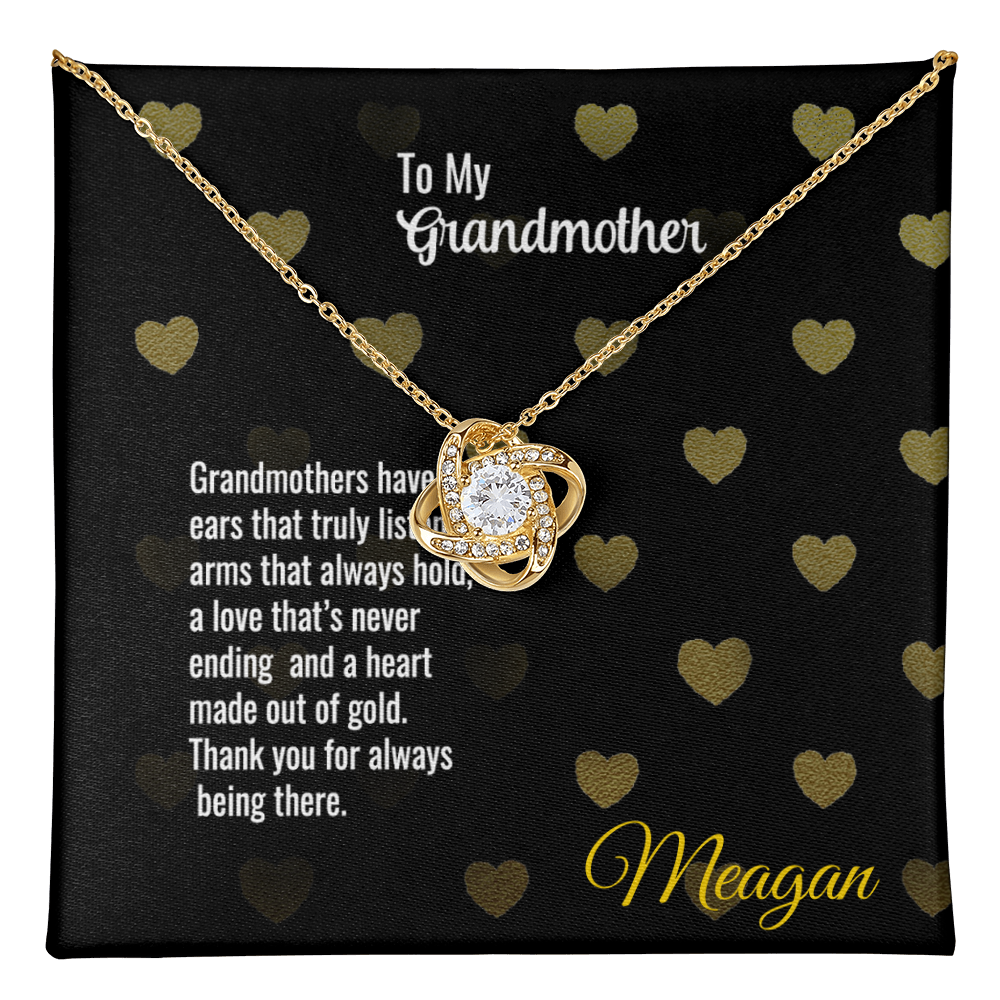 Love Knot Necklace with Message Card for Grandmother, featuring cubic zirconia, gold finish, heartfelt gift.