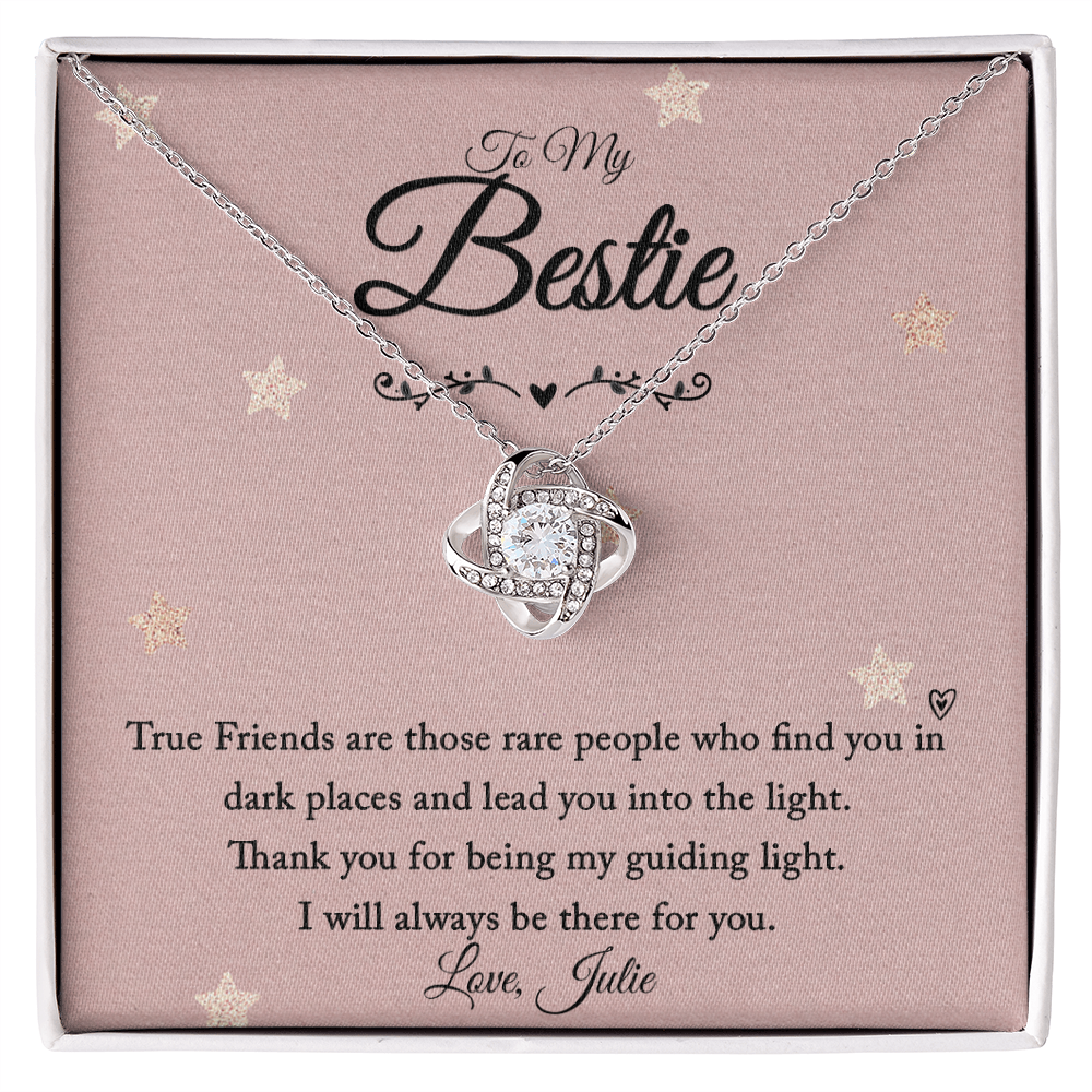 Necklace with love knot pendant and personalized message card for best friend.