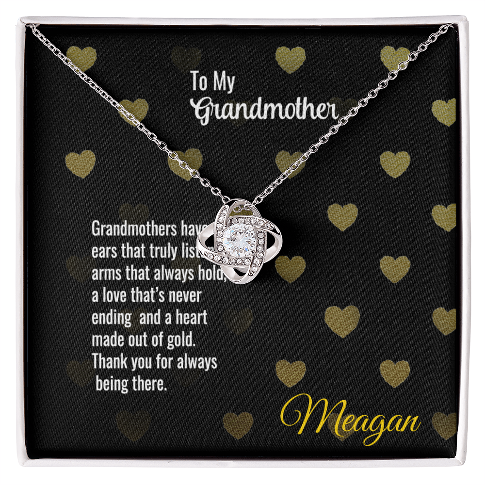 Love Knot Necklace with message card for grandmother, featuring cubic zirconia and gold or silver options.