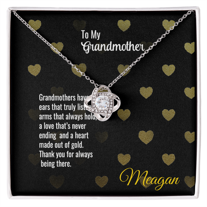 Love Knot Necklace with message card for grandmother, featuring cubic zirconia and gold or silver options.