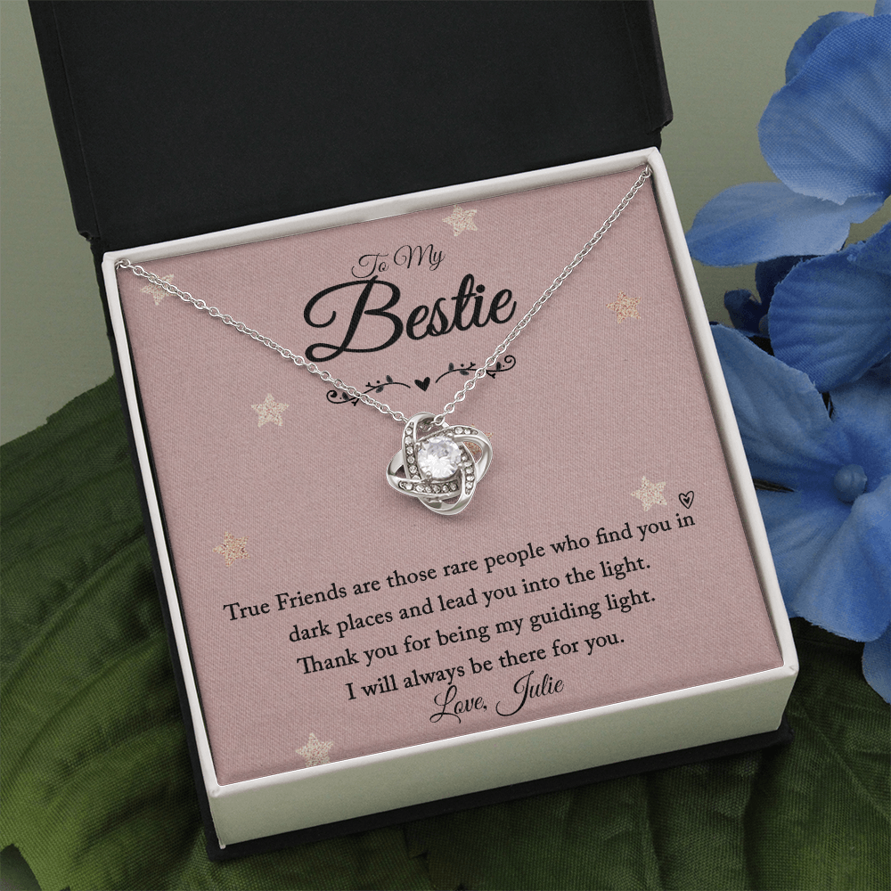 Love Knot Necklace with personalized message card for friend, featuring cubic zirconia pendant in gift box.