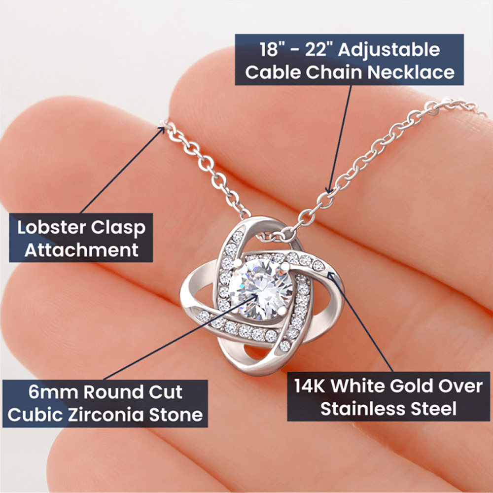 Love Knot Necklace with cubic zirconia stone and adjustable chain.