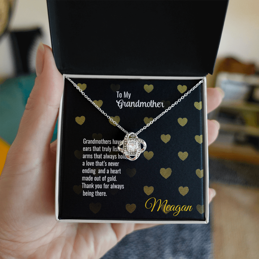 Necklace gift for grandmother with love knot pendant and signed message card.