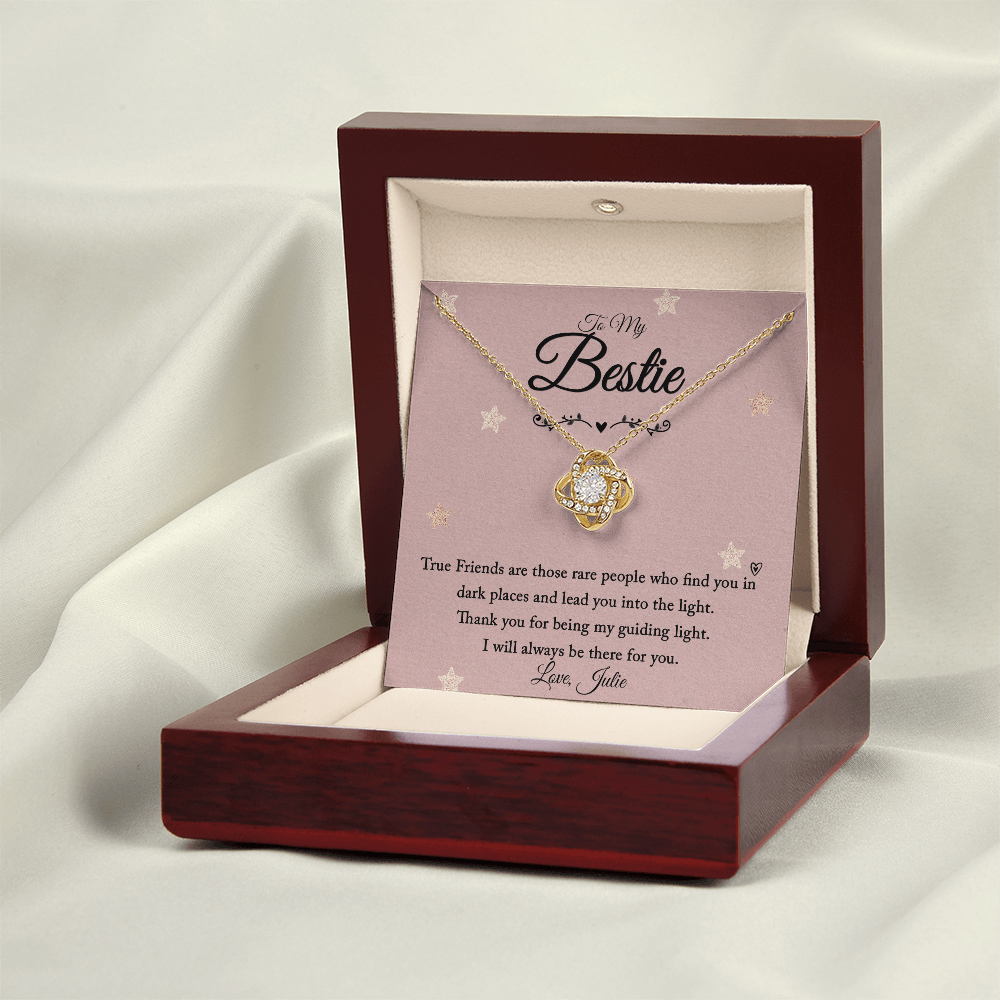 Love Knot Necklace with personalized card in a luxury mahogany box.