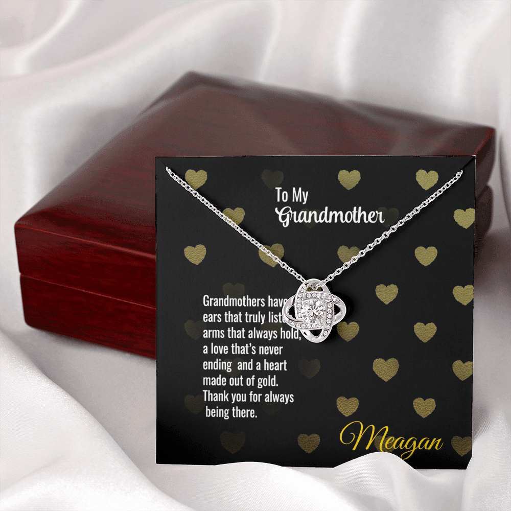 Love Knot Necklace with message card for grandmother, featuring cubic zirconia and elegant packaging.