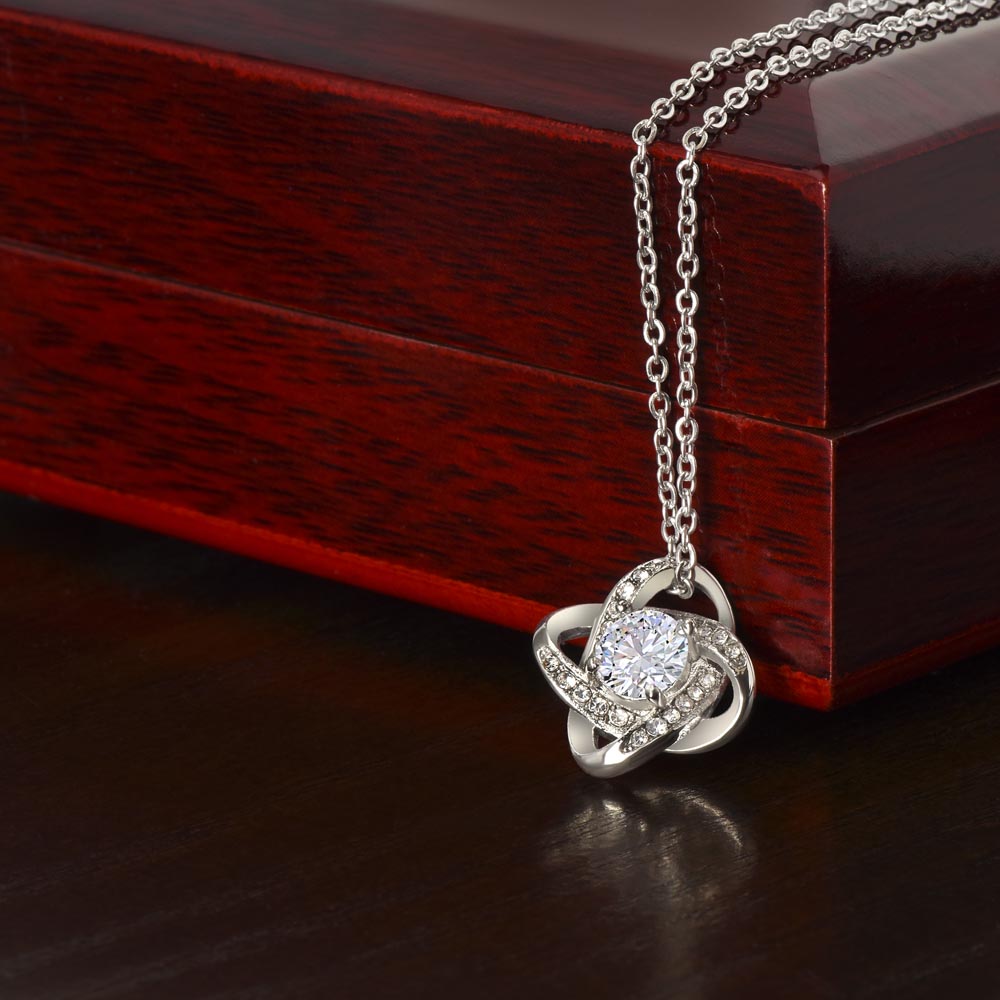 Love Knot Necklace with cubic zirconia for grandma, featuring a signed message card and elegant gift box.