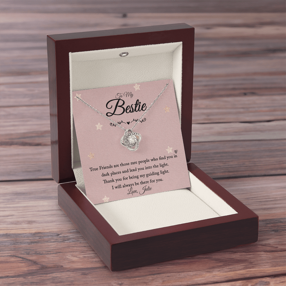 Love Knot Necklace with personalized message card in mahogany luxury box.