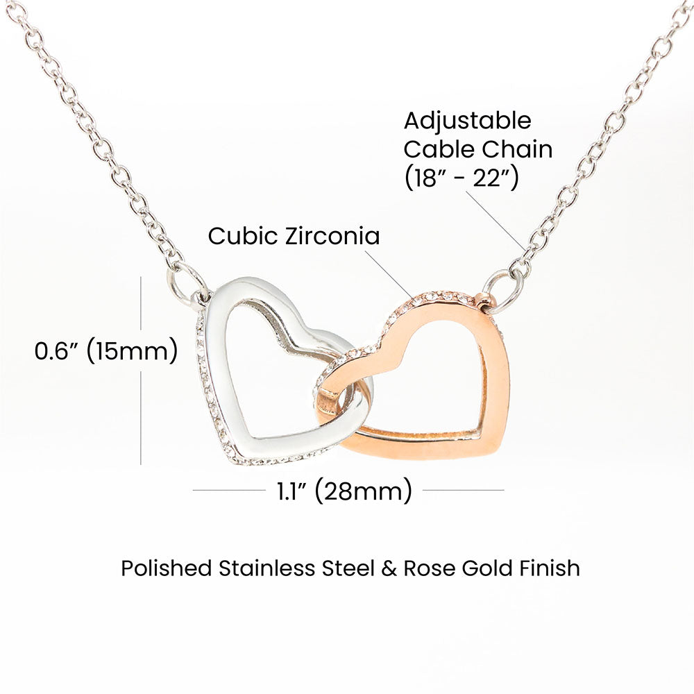 Interlocking Hearts Necklace with Cubic Zirconia on Adjustable Chain, Polished Stainless Steel and Rose Gold Finish.