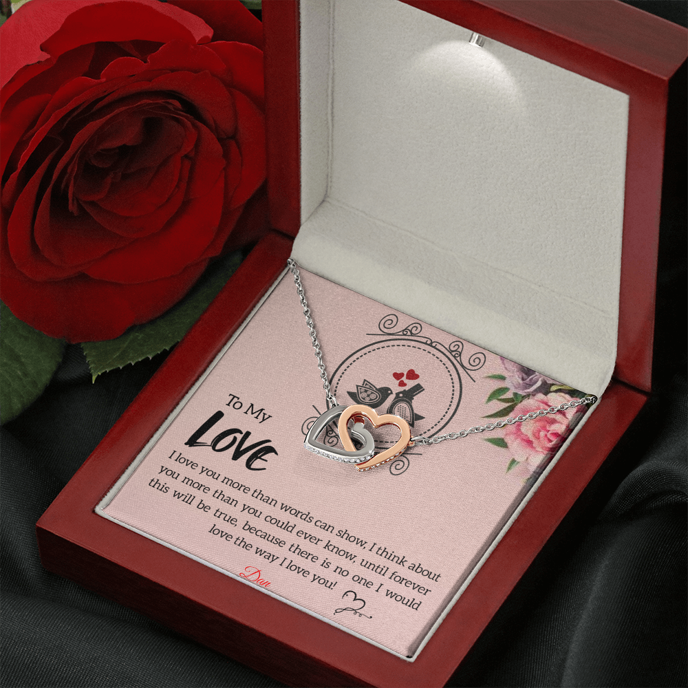 Interlocking Hearts Necklace with Personalized Message Card in Gift Box.