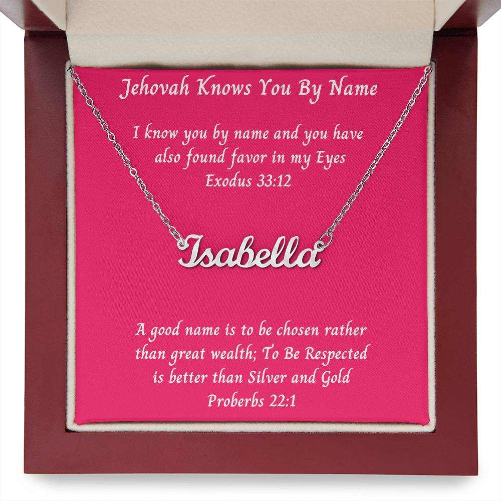 Personalized cursive name necklace in elegant gift box with inspirational messages.