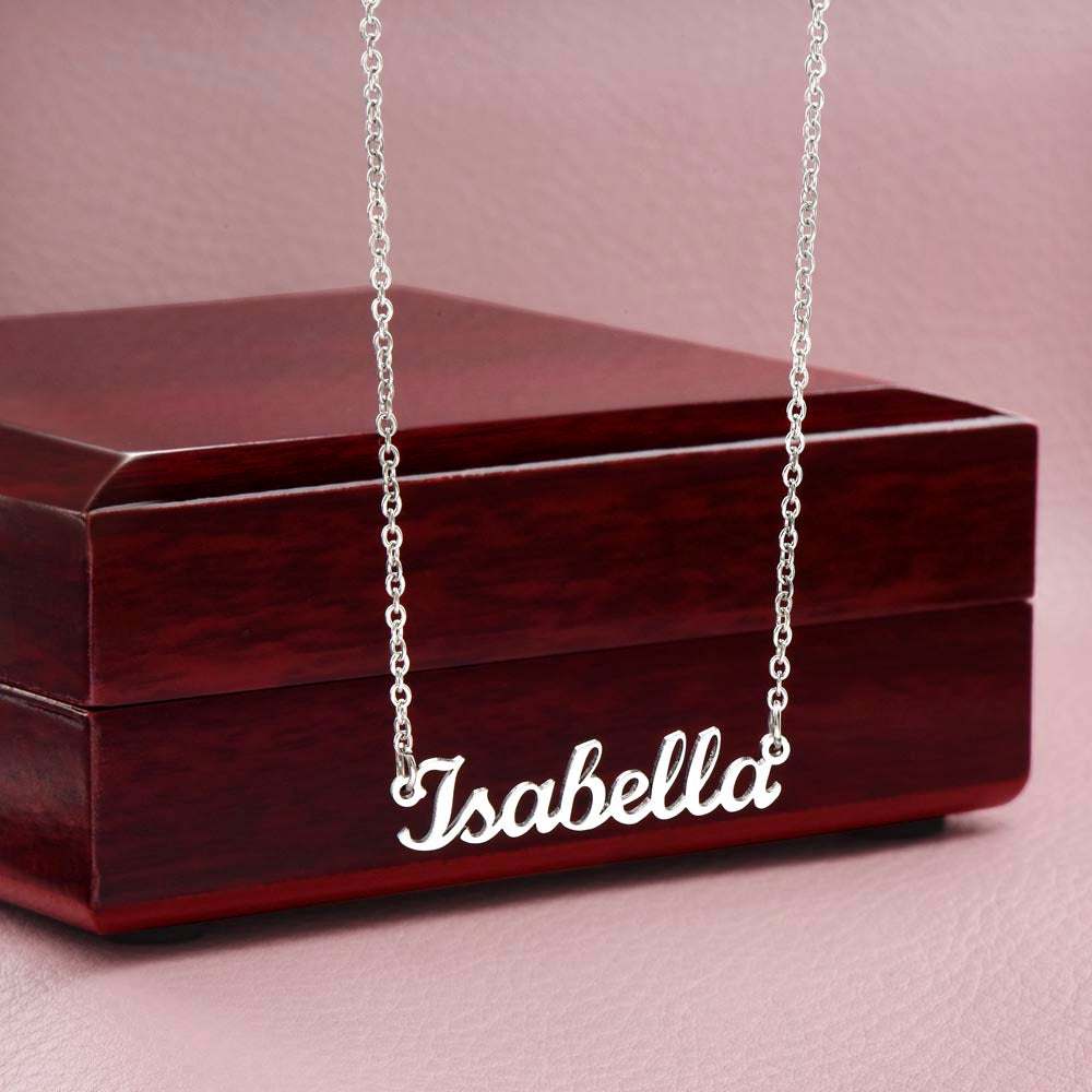 Personalized name necklace with adjustable chain in yellow gold or stainless steel, shown with custom name "Isabella."